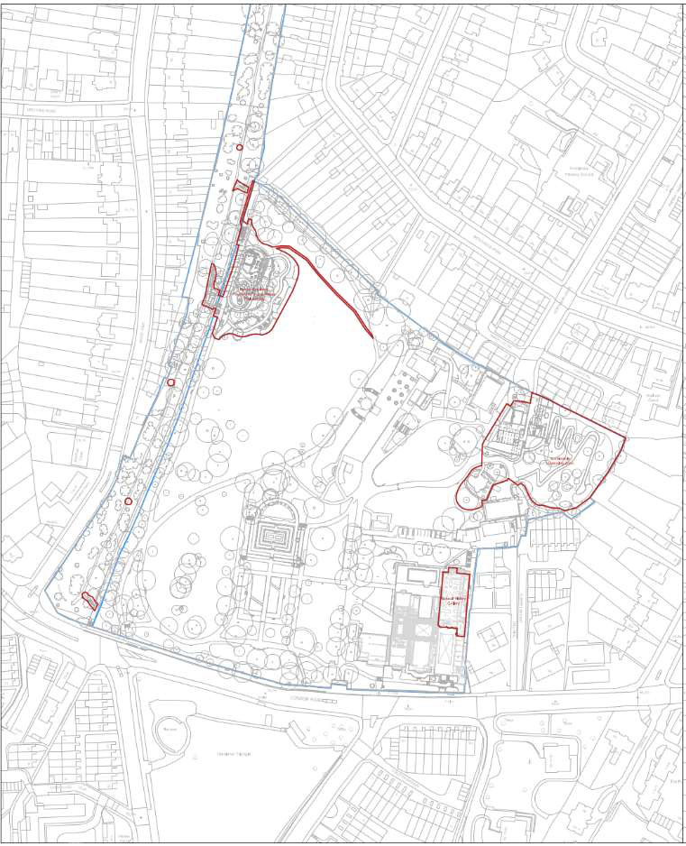 Technical drawing of Horniman site plan with areas for development marked