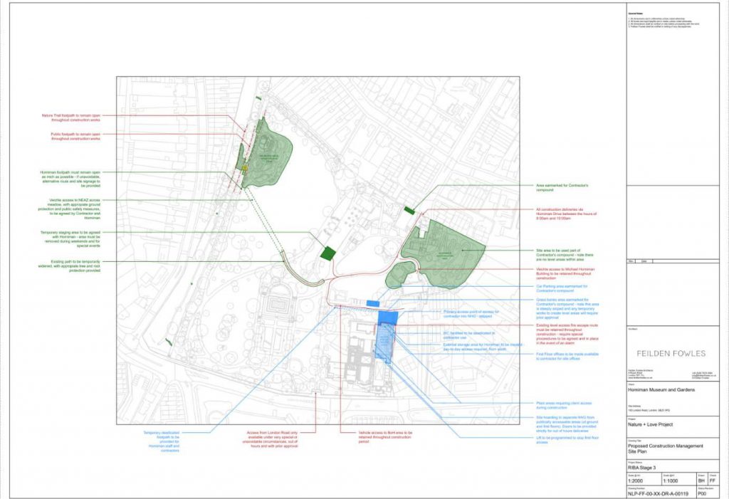 A technical drawing of the site plan of the Horniman, with works marked