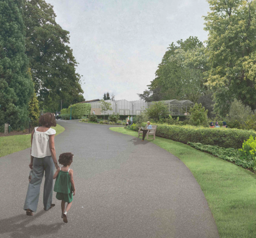 An illustration of a woman and child walking hand in hand in the redesigned Horniman Gardens