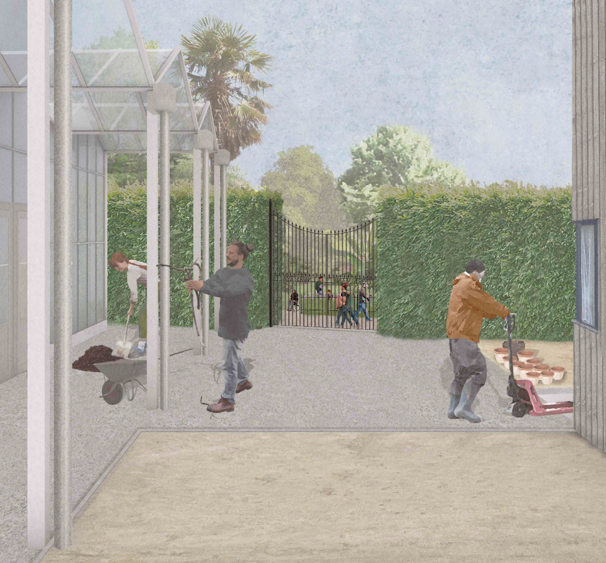 An illustration of people working in the redesigned Horniman Gardens