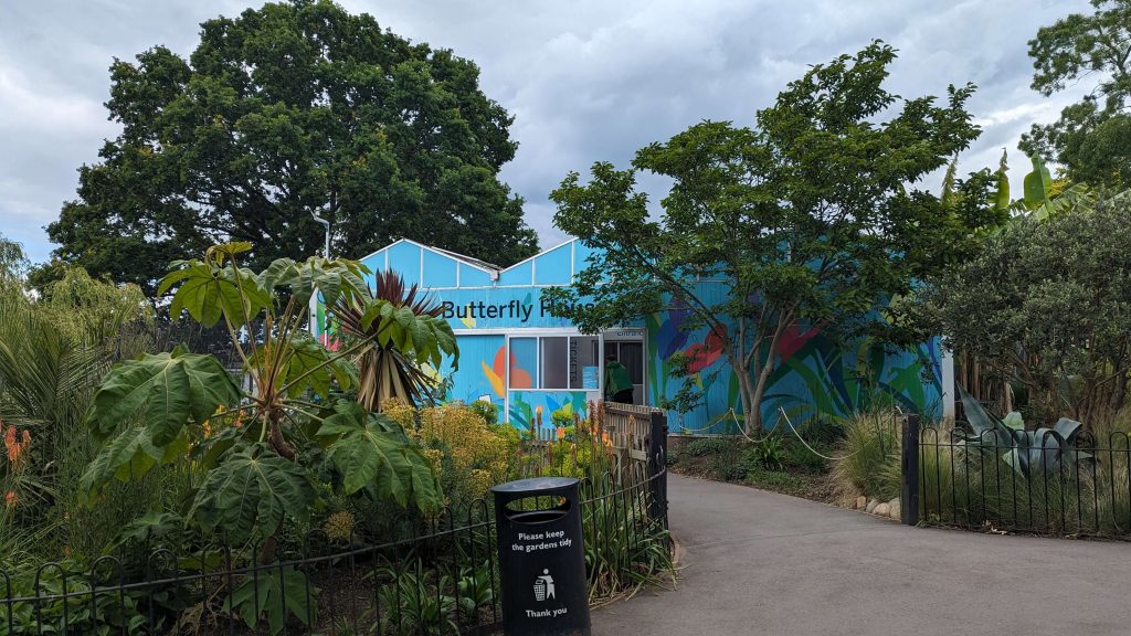 A blue building with text on it which reads 'Butterfly House' although it is partially covered by the trees that surround it. The building is also decorated with large and colourful butterfly illustrations